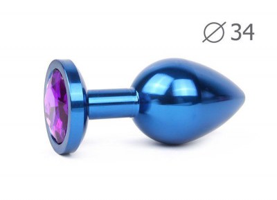 Коническая синяя анальная втулка с кристаллом фиолетового цвета - 8,2 см.