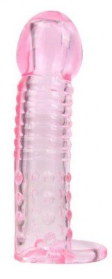Розовая закрытая насадка на фаллос с кольцом для мошонки - 13,5 см.