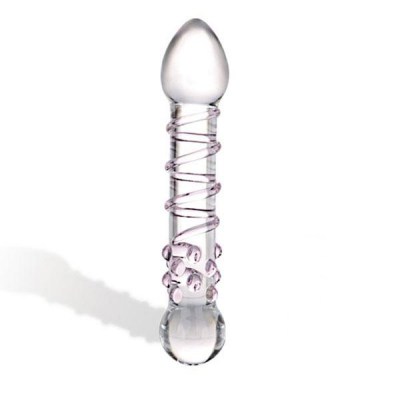 Прозрачный стеклянный фаллос с розовой спиралькой и массажными пупырышками - 18 см., производитель: Glas