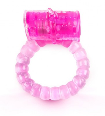 Розовое рельефное эрекционное кольцо с вибропулей