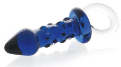 Синяя стеклянная анальная втулка с ручкой-кольцом - 10,5 см., производитель: Sexus