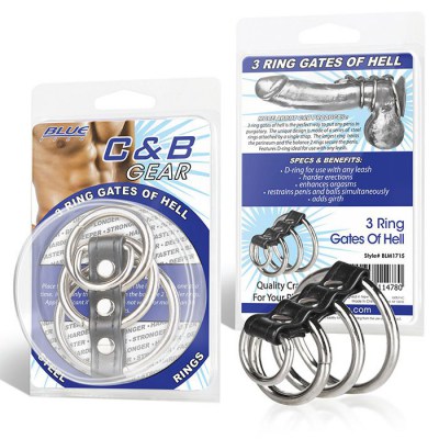 Хомут на пенис из трех металлических колец и кольца для привязи 3 RING GATES OF HELL, производитель: BlueLine