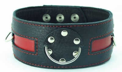 Чёрный кожаный ошейник с красной полосой и кольцами, производитель: БДСМ Арсенал