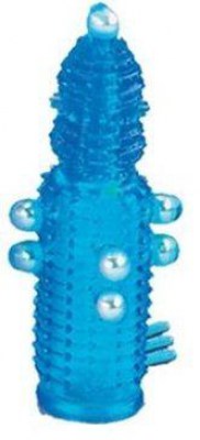 Голубая эластичная насадка на пенис с жемчужинами, точками и шипами Pearl Stimulator - 11,5 см., производитель: Tonga