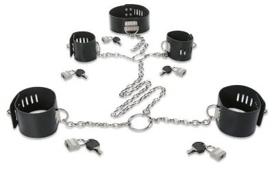 Набор для фиксации: наручники, оковы и ошейник, соединённые цепями и кольцами, производитель: Пикантные штучки