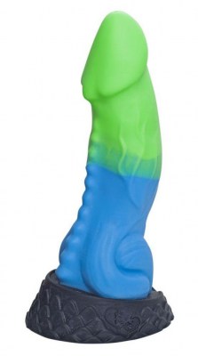 Голубой фаллоимитатор  Ночная Фурия Medium  с зелёным кончиком - 24,5 см., производитель: Erasexa