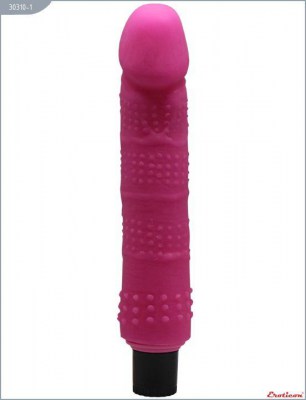 Розовый вибратор из ультраскин с точками по всей длине - 24 см., производитель: Eroticon