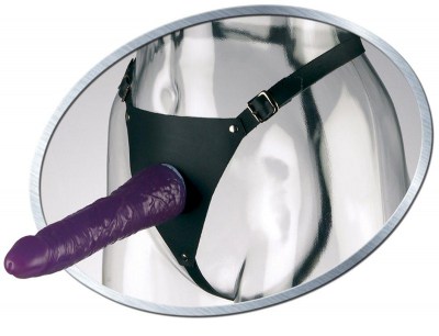 Фиолетовый женский страпон Leather Strap On Satisfy-Her - 19 см., производитель: Pipedream