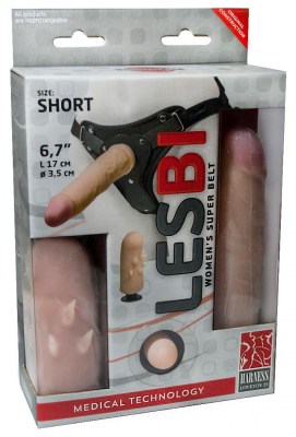 Телесный поясной страпон LESBI с вагинальной пробкой - 17 см., производитель: LoveToy