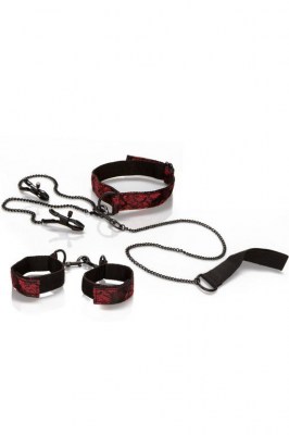 Набор для эротических игр: ошейник и наручники из полиэстера с цепочкой Scandal Submissive Kit